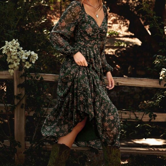 Dark Green Casual Women's Floral Midi Dress - Picture 6 of 6
